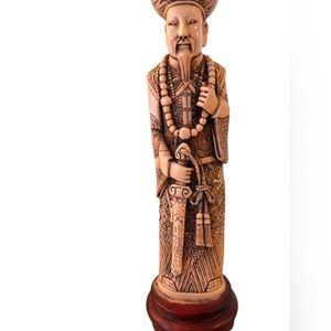Vintage Chinese‎ Emperor Intricately Carved Resin Ivory 10” Figurine with Sword